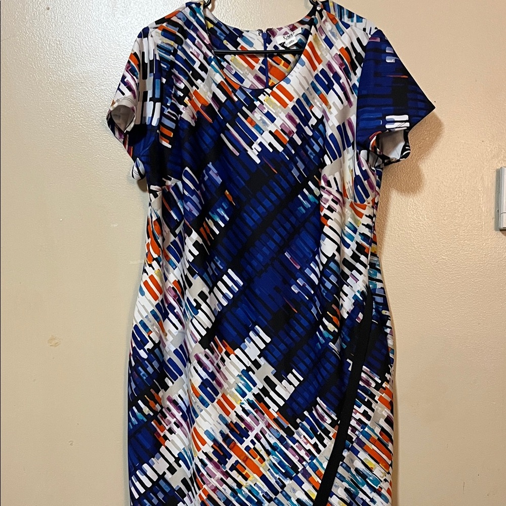 Cato Navy Blue Multicolor Striped Brushstroke Midi Dress